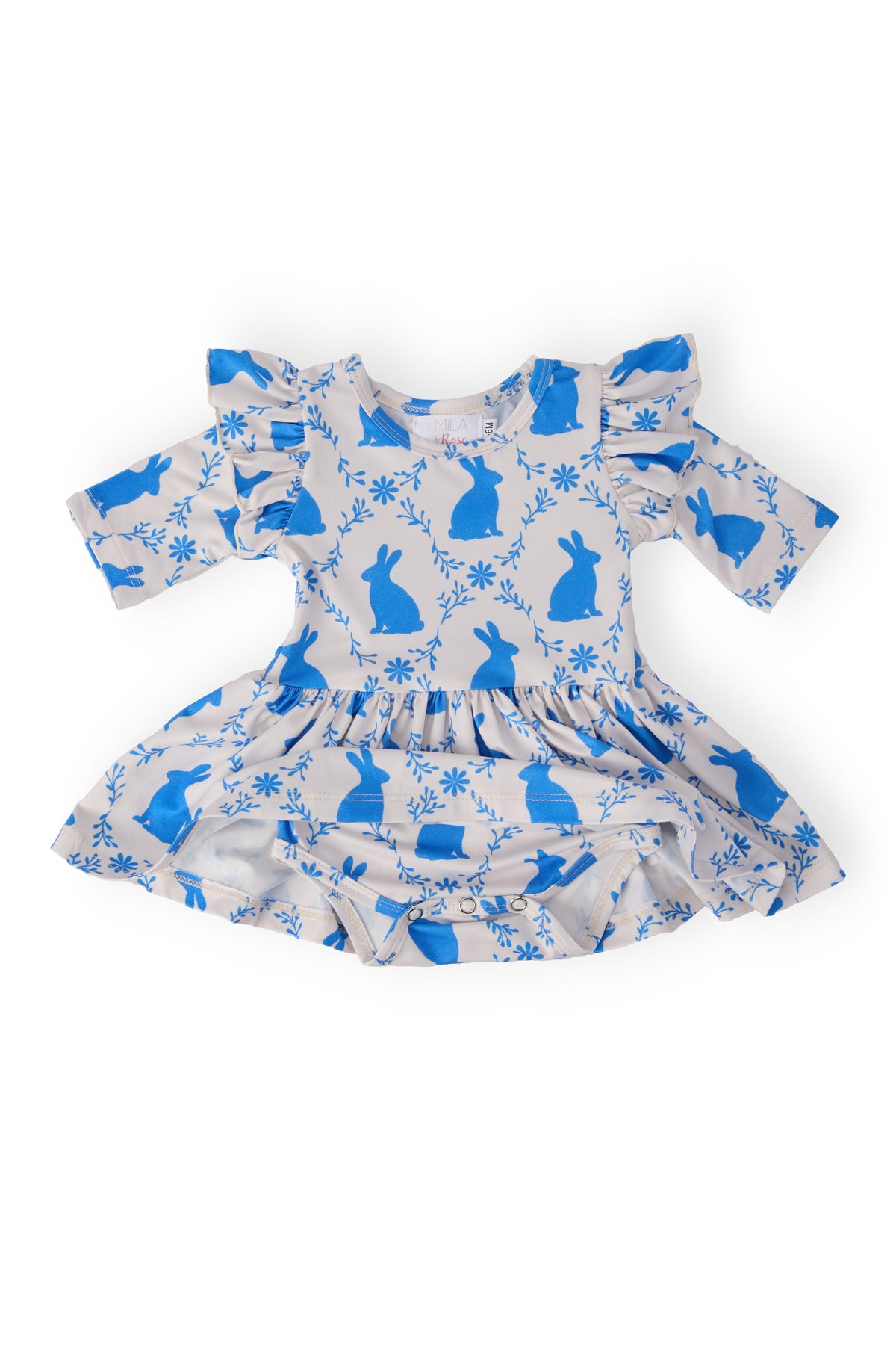 a baby dress with blue bunny designs