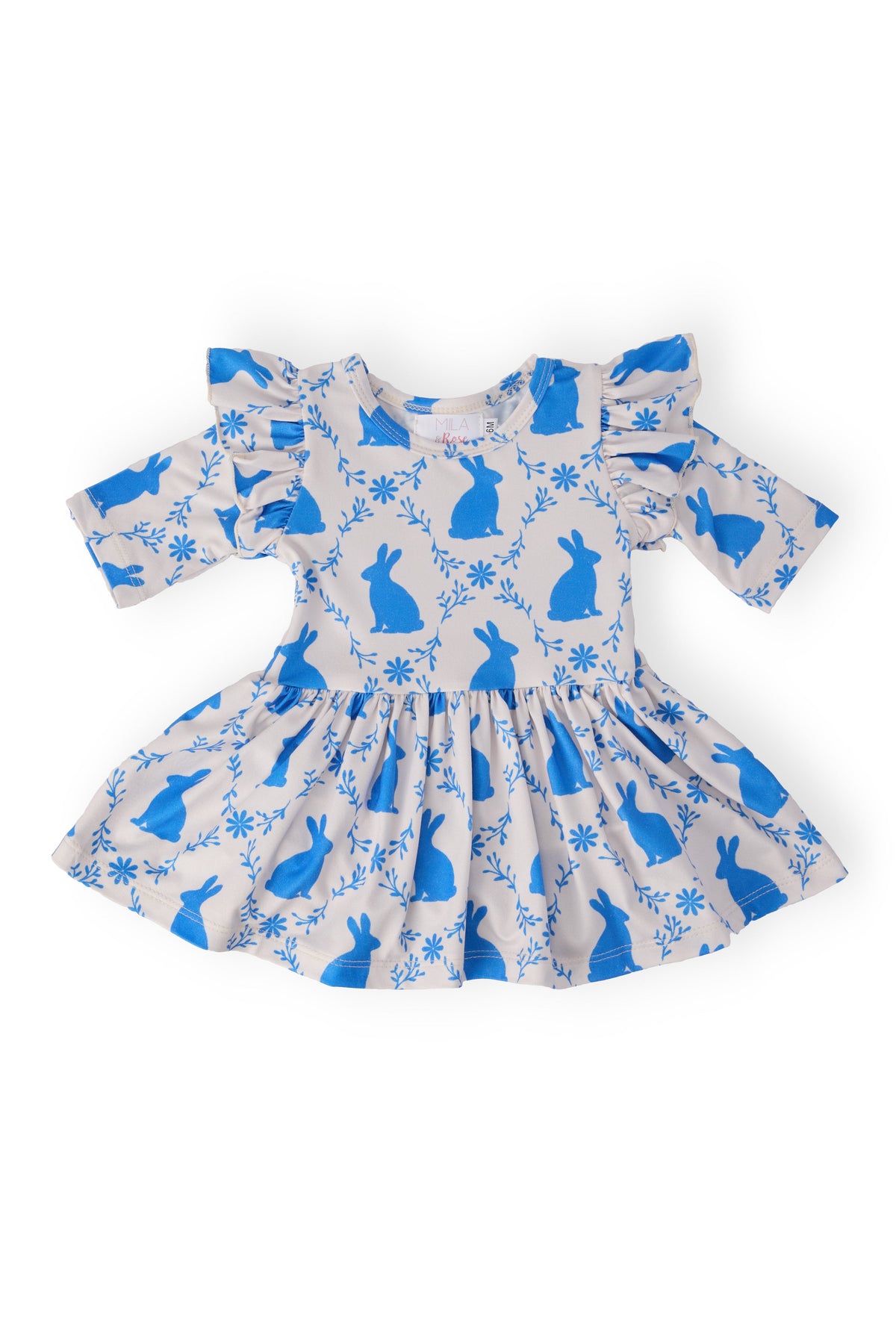a blue and white dress with bunny designs