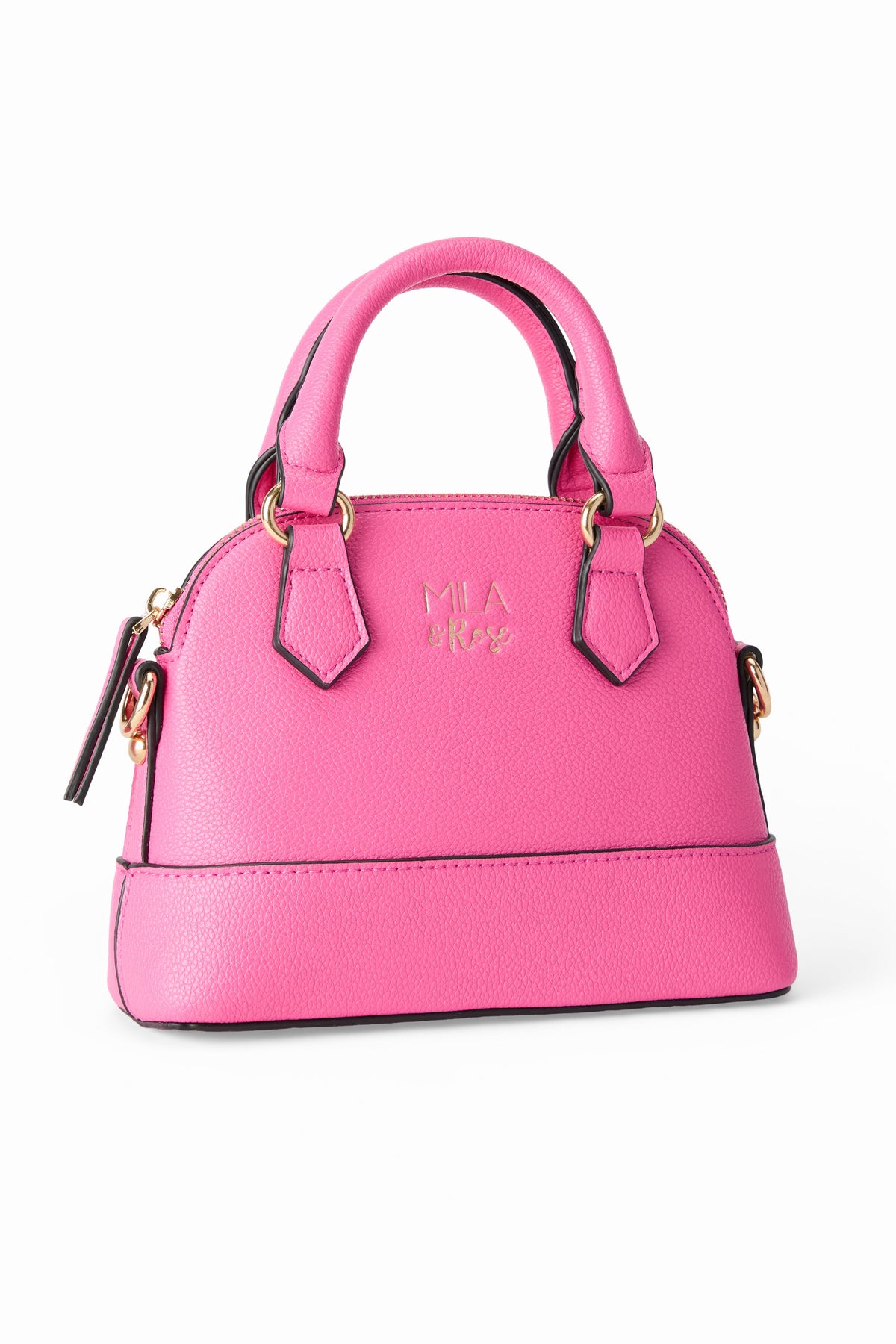 a pink handbag with gold text