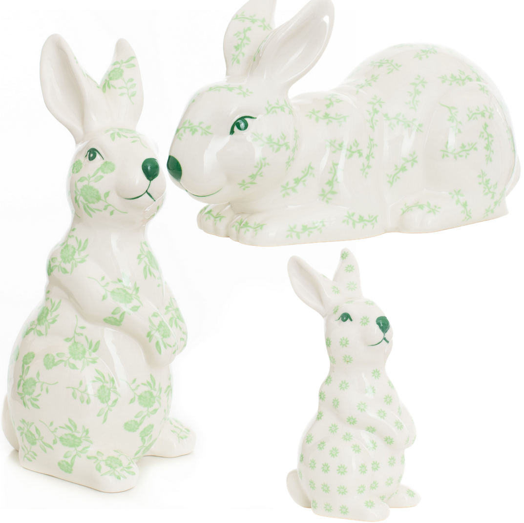 Set of 3 Green and White Porcelain Bunnies