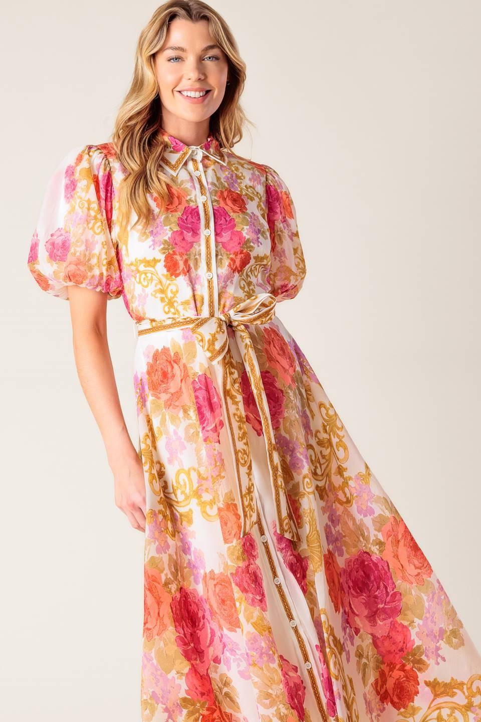 a woman in a floral dress