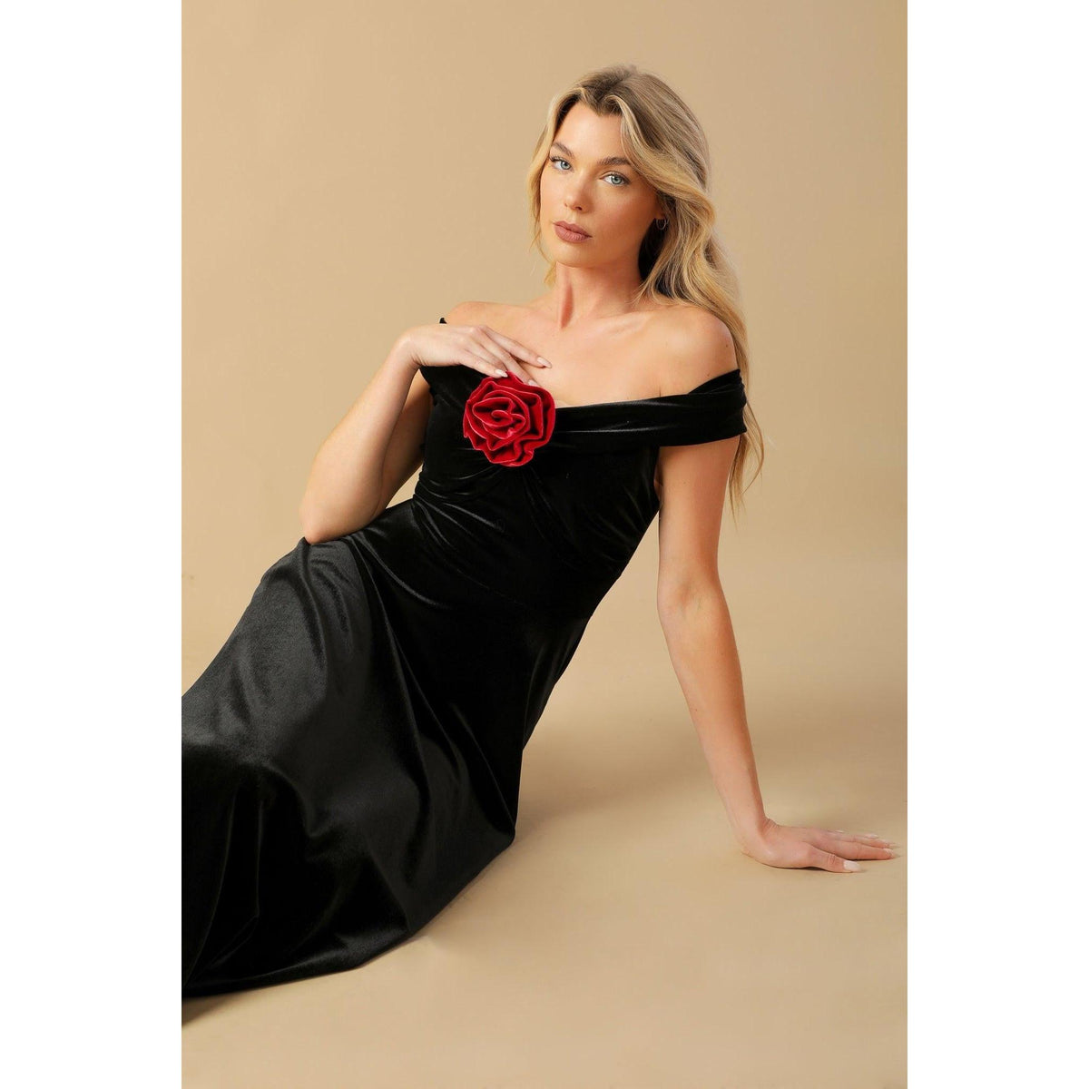 a woman in a black dress