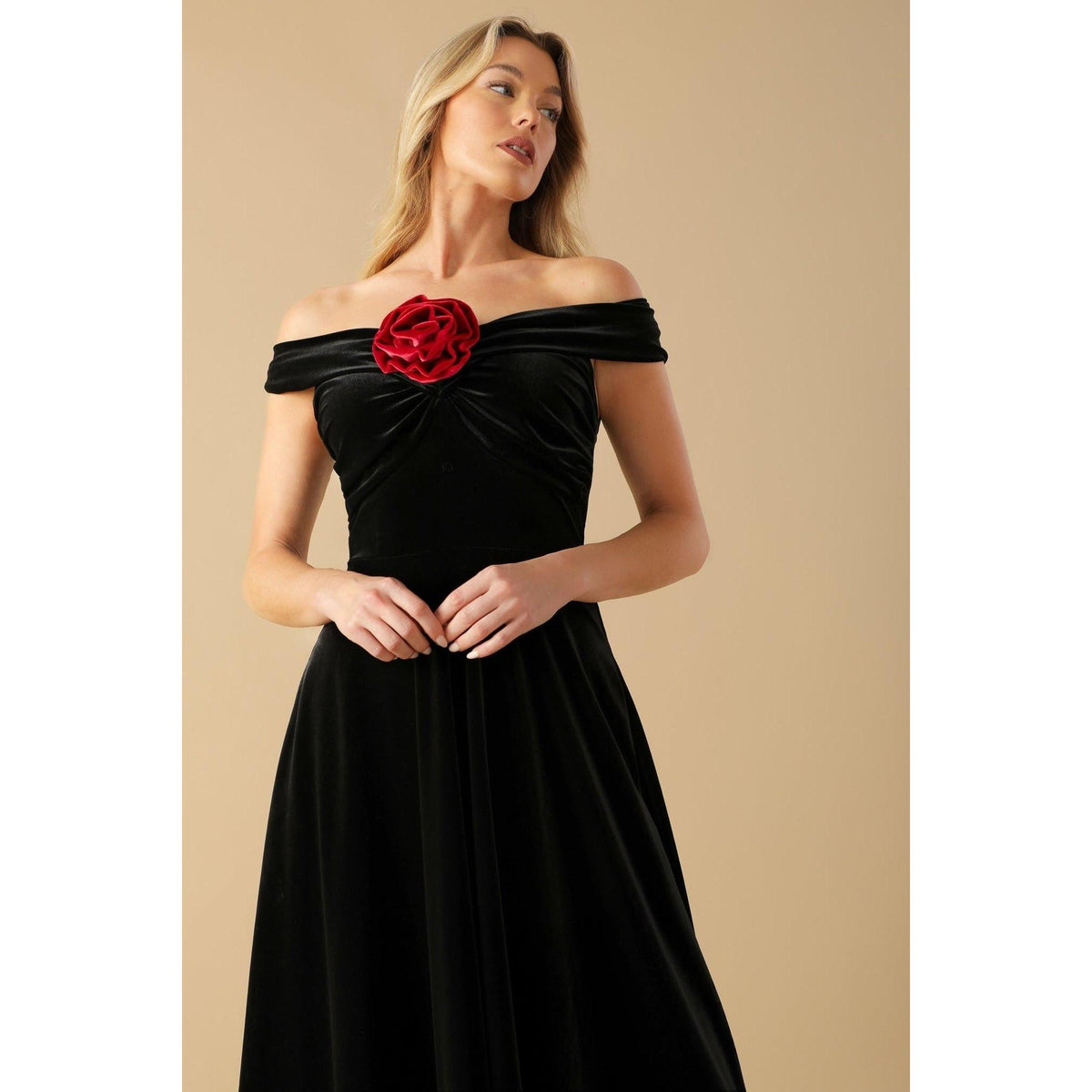 a woman in a black dress