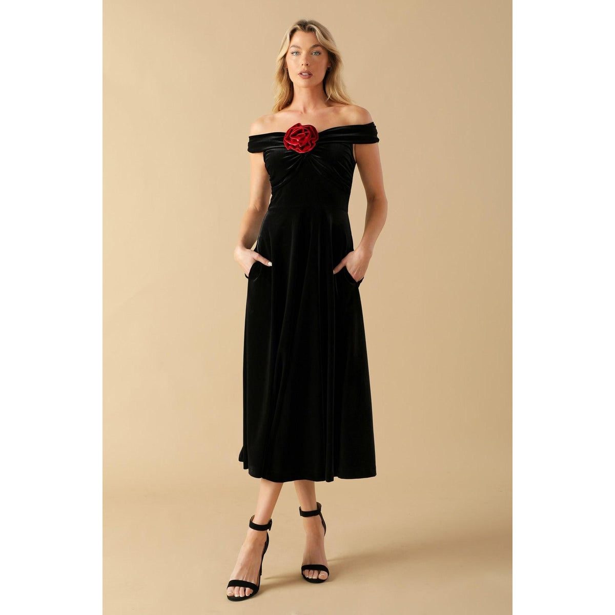 a woman in a black dress