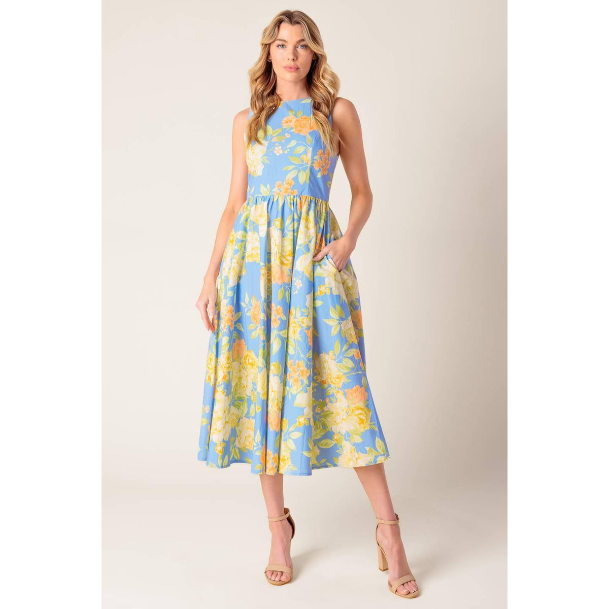 a woman in a blue dress