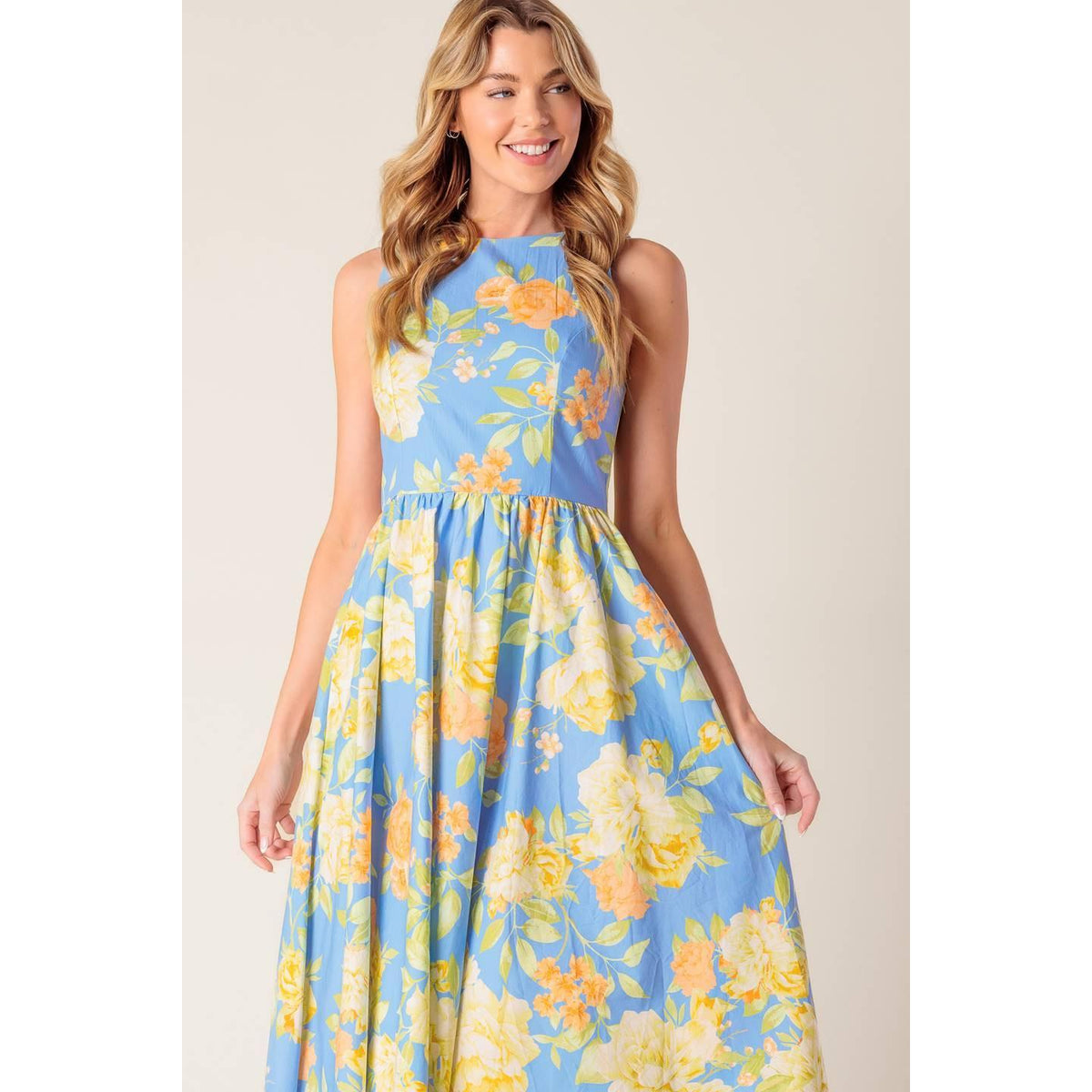 a woman in a blue dress