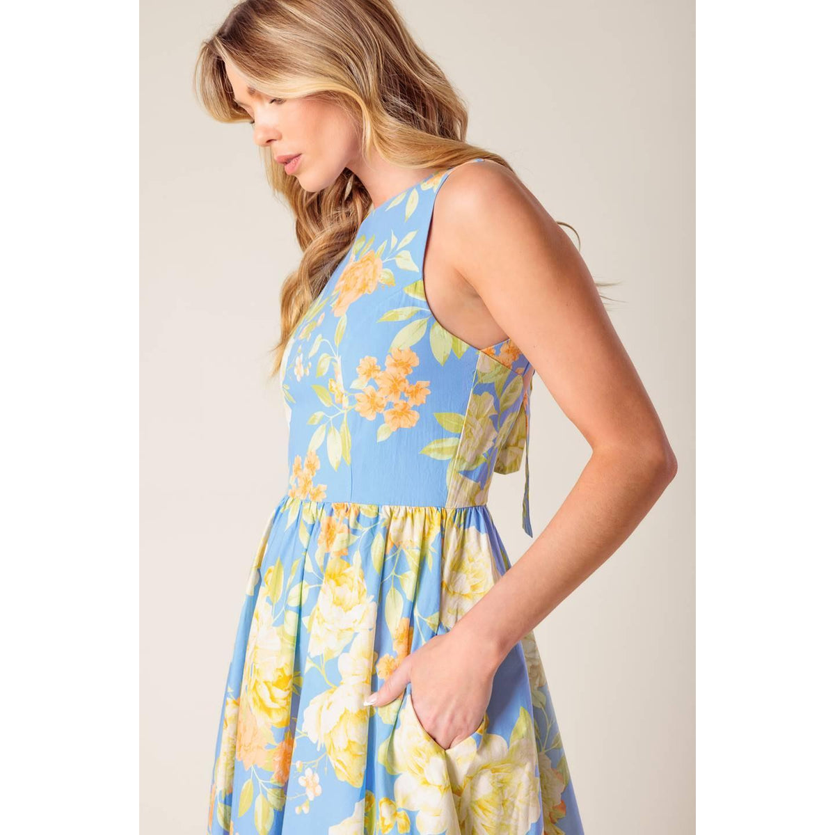 a woman in a blue dress