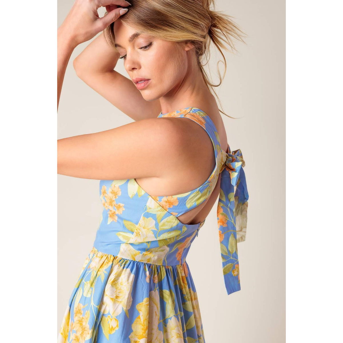 a woman in a blue dress