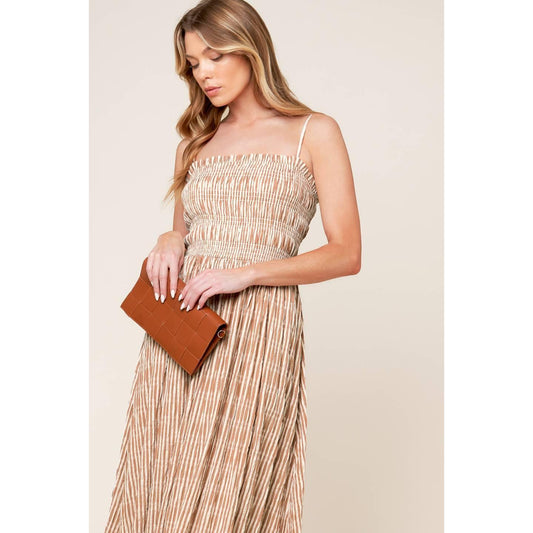 VALHALLA BROWN STRIPED WOVEN MIDI DRESS