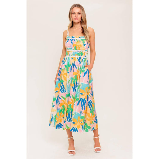 SUNLIT GARDEN PINK BLUE WOVEN MIDI DRESS