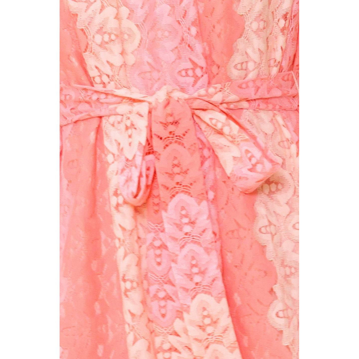 a pink lace dress with a belt