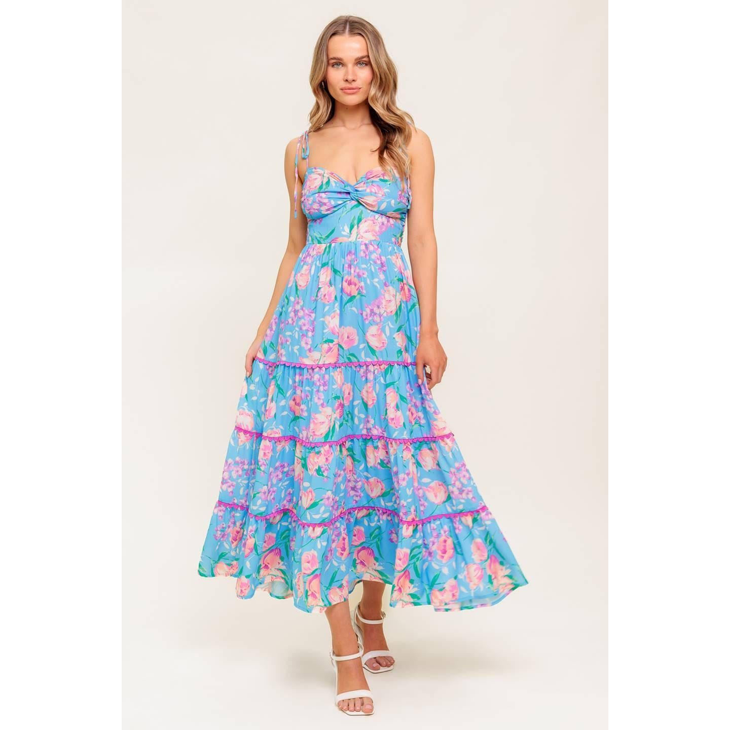 SOFT BLOOM BLUE WOVEN MIDI DRESS