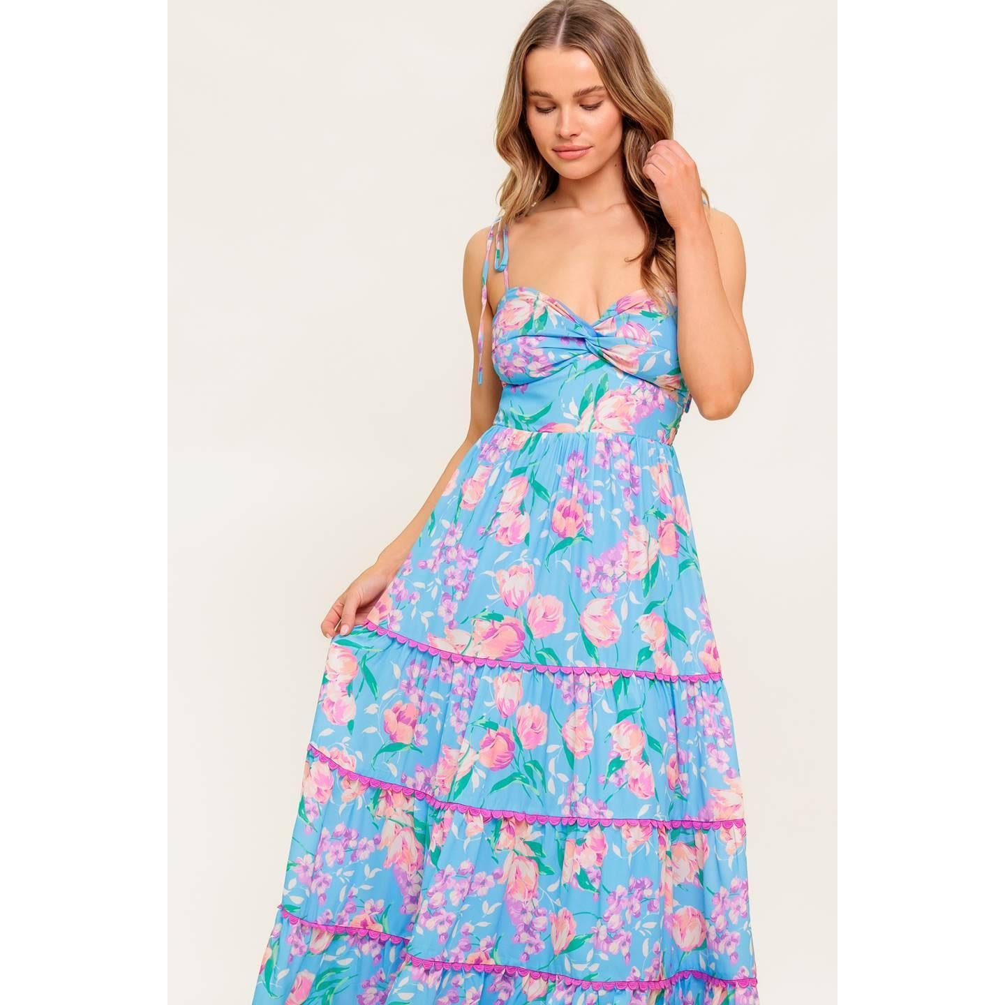 SOFT BLOOM BLUE WOVEN MIDI DRESS