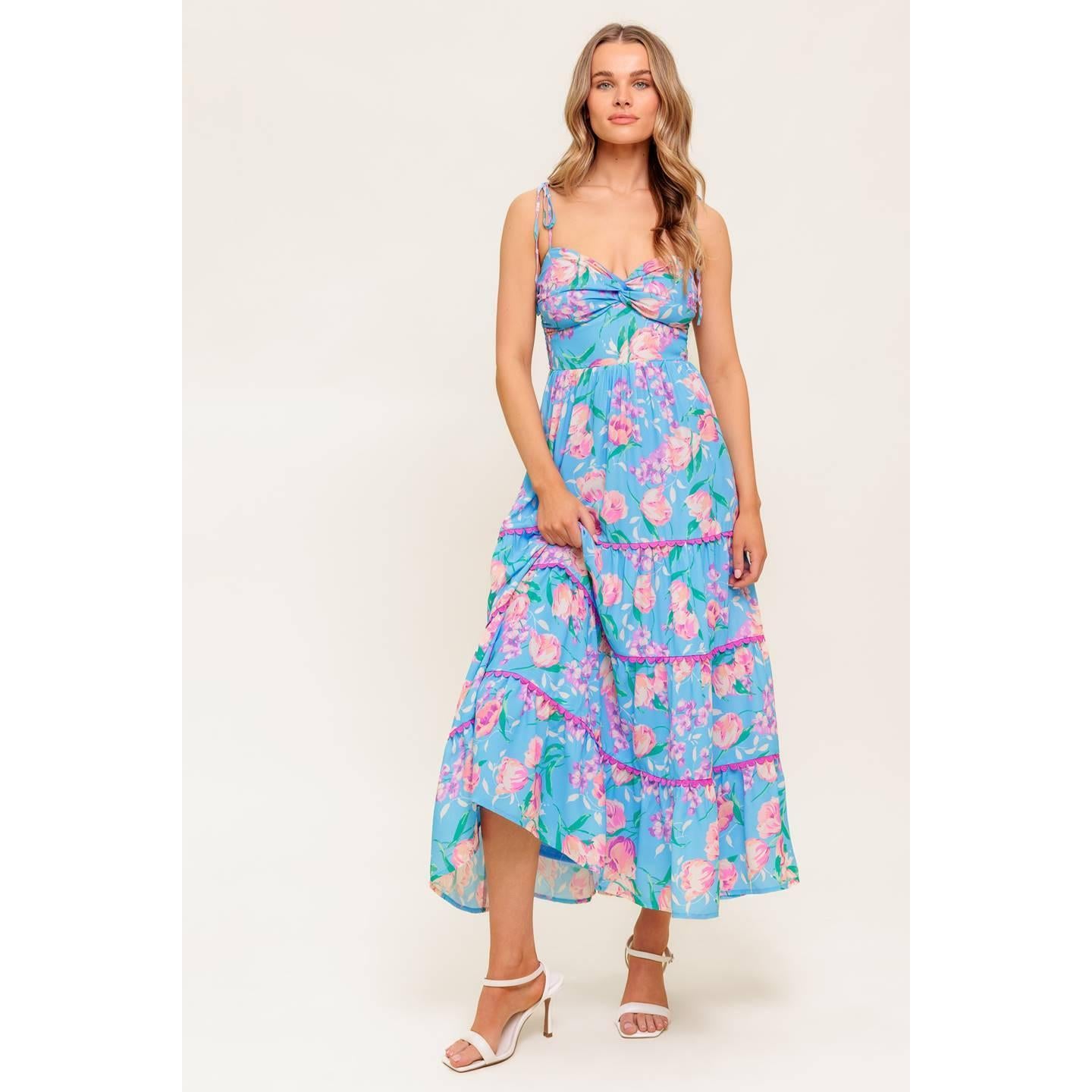 SOFT BLOOM BLUE WOVEN MIDI DRESS