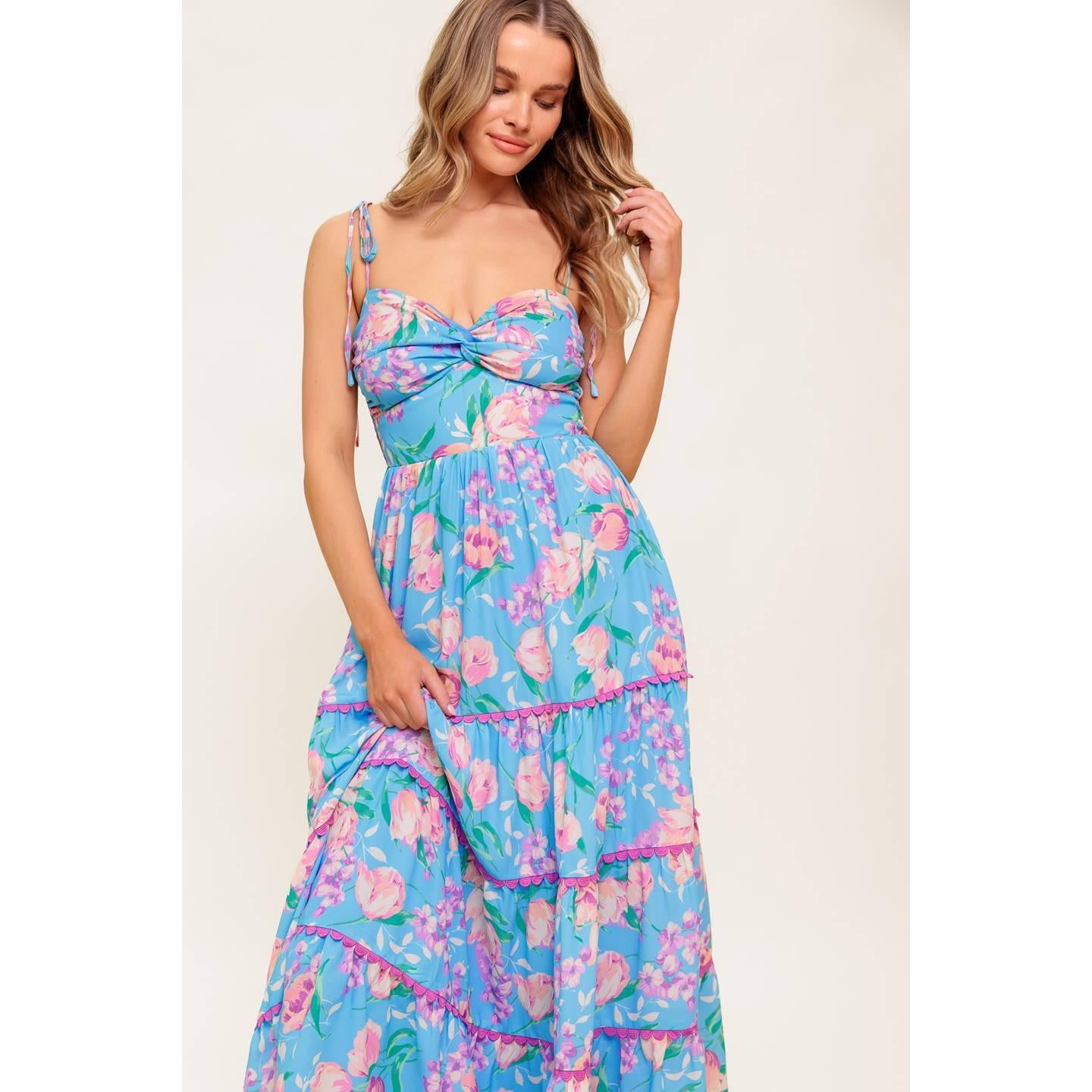 SOFT BLOOM BLUE WOVEN MIDI DRESS