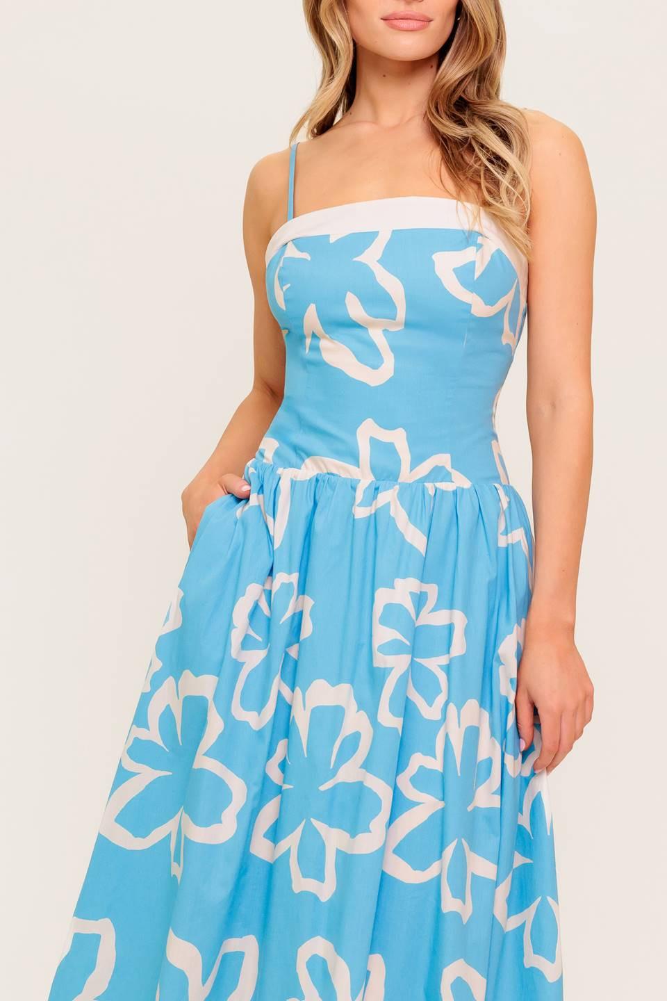 SERENE PETALS BLUE WOVEN MIDI DRESS