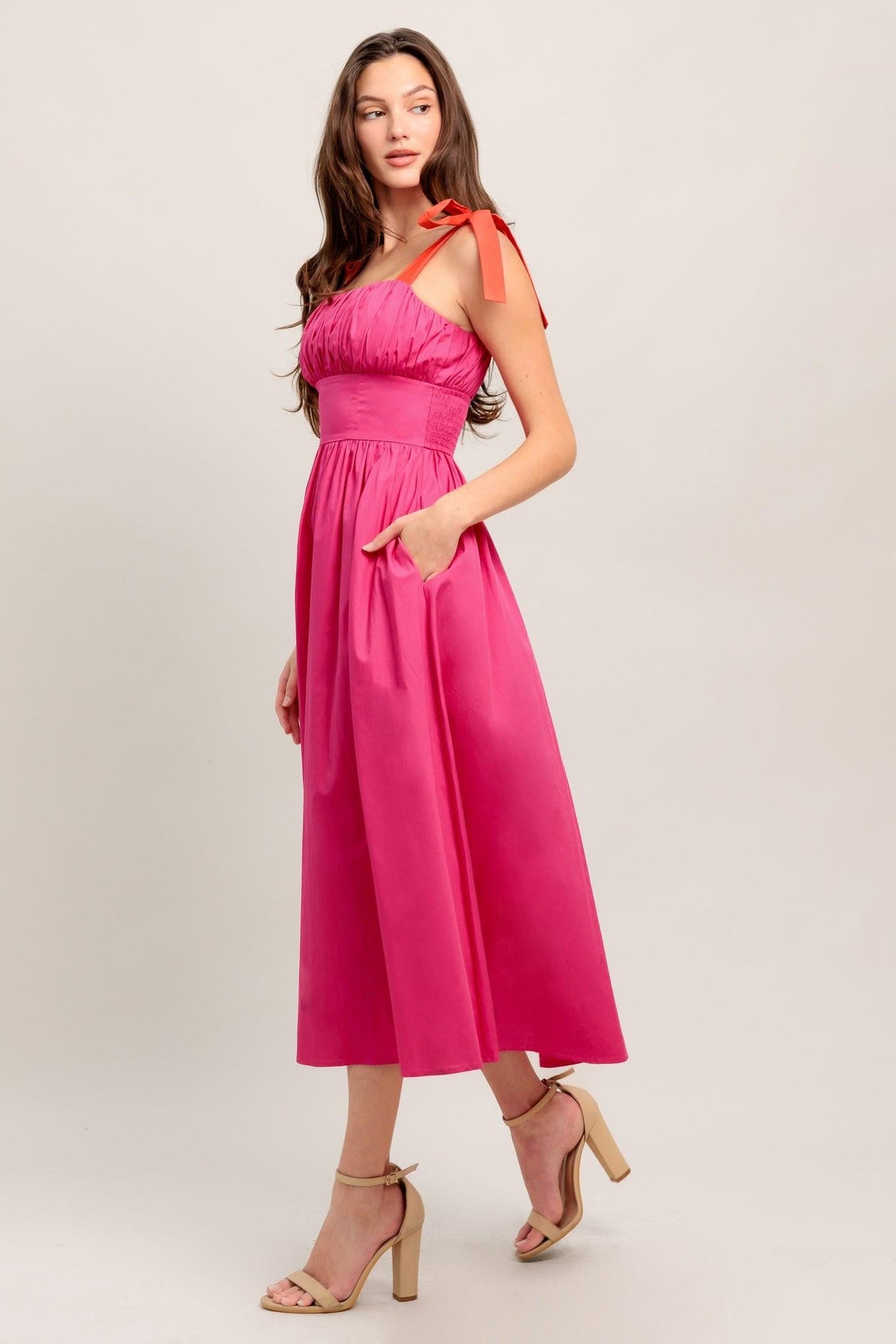 EVENING DELIGHTS FUCHSIA WOVEN MIDI DRESS