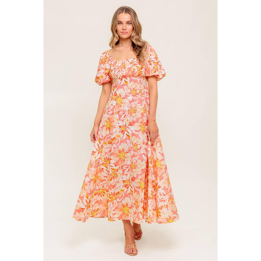 OCEAN FLORALS CORAL WOVEN MIDI DRESS