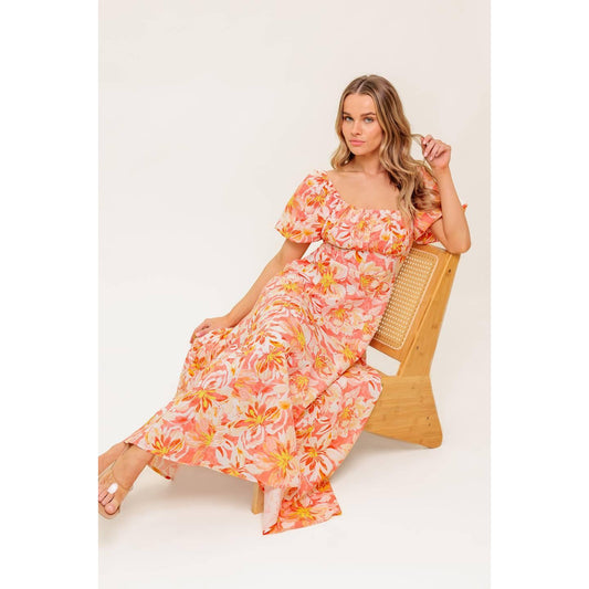 OCEAN FLORALS CORAL WOVEN MIDI DRESS