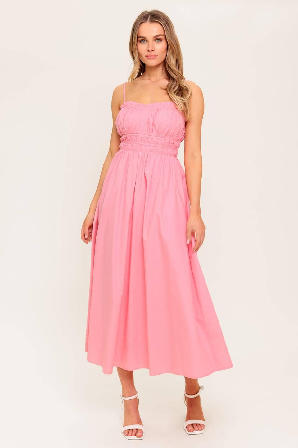 HONEY SUNSET PINK WOVEN MIDI DRESS