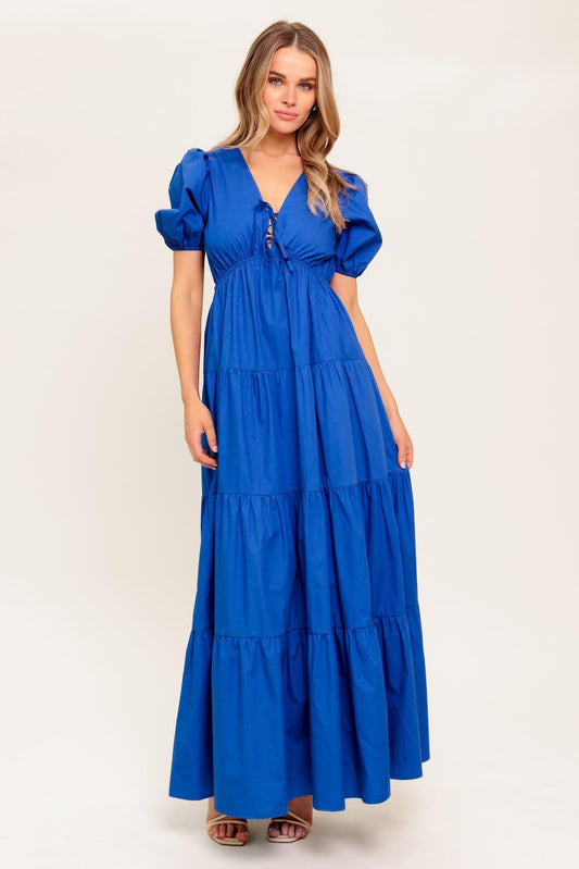a woman in a blue dress