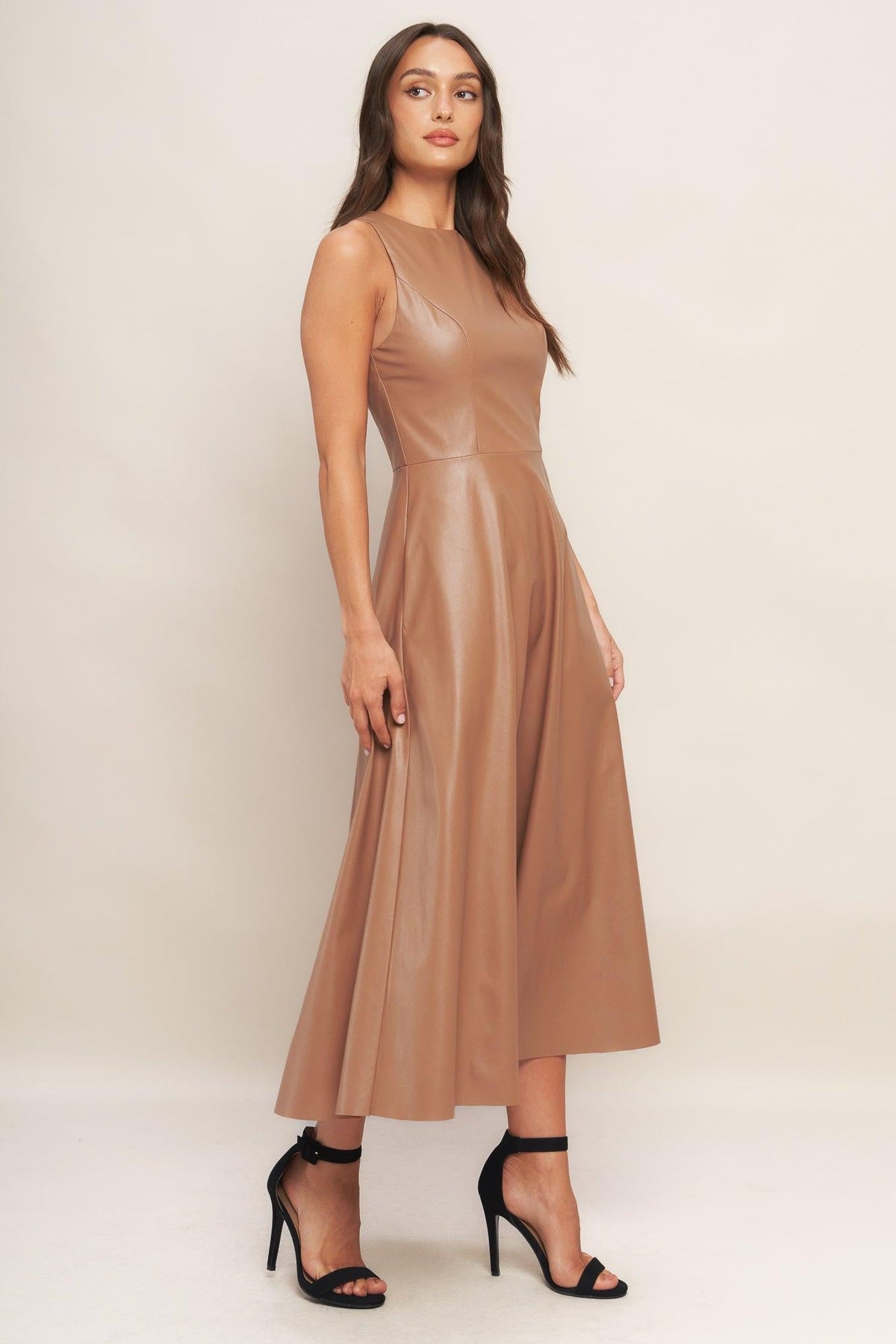 BARE SOPHISTIQUE FAUX LEATHER MIDI DRESS