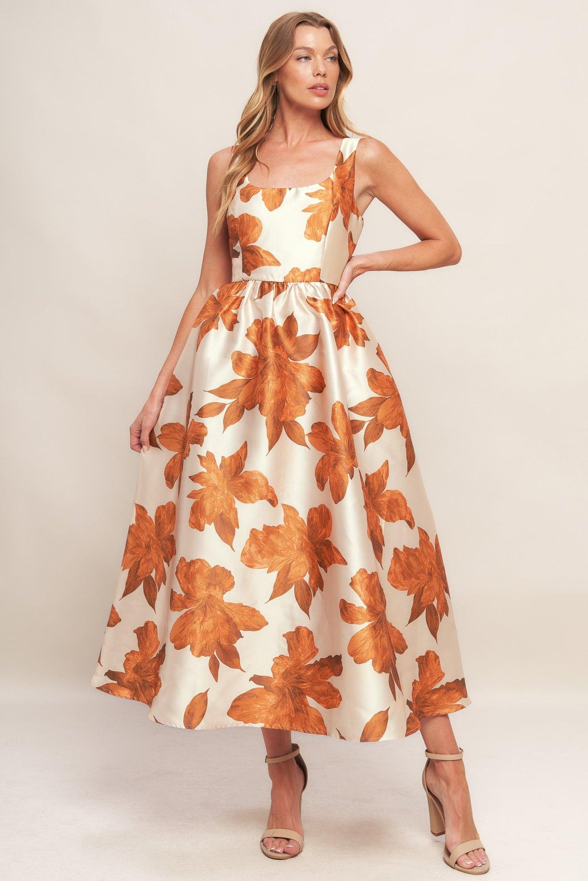 AUTUMNAL FLORAL WOVEN MIDI DRESS