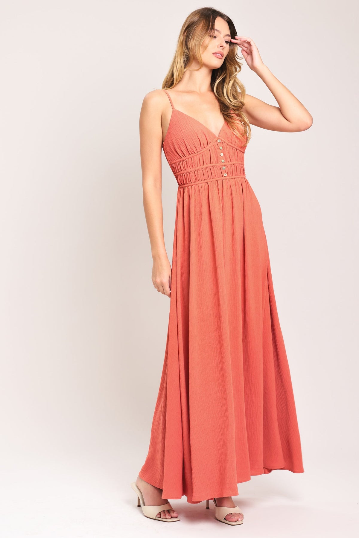 CORAL BLOSSOM WOVEN MAXI DRESS
