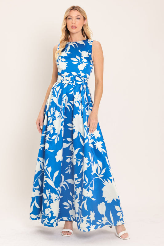 a woman in a blue and white dress