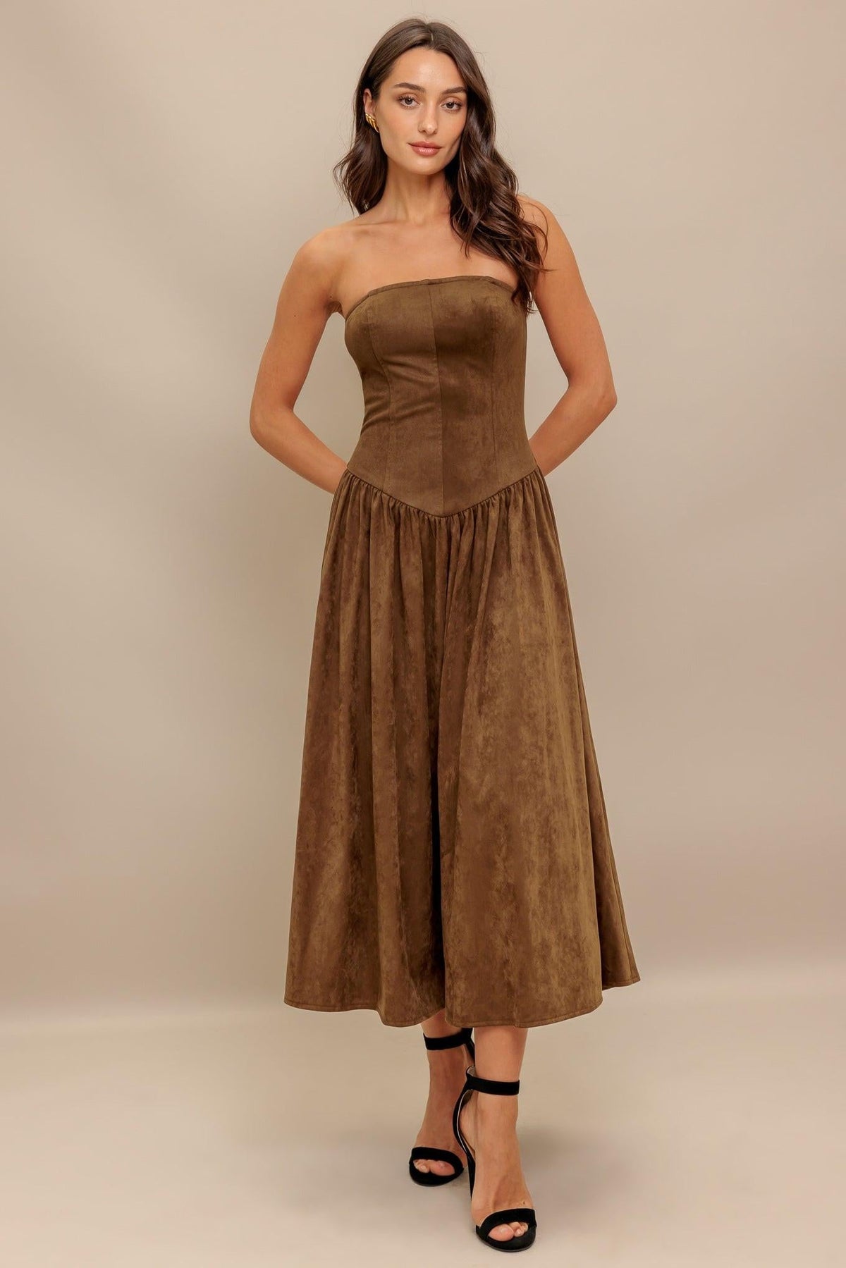 WILD ESPRESSO FAUX SUEDE MIDI DRESS