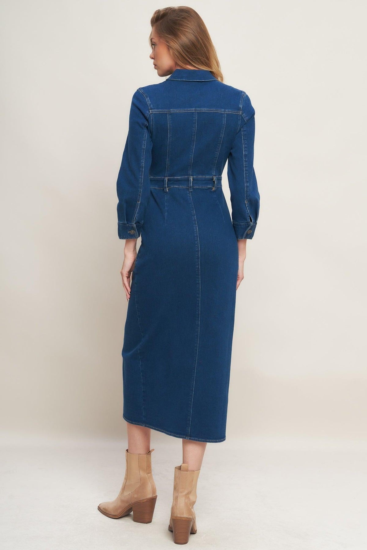MIDNIGHT DARK INDIGO DENIM MIDI DRESS