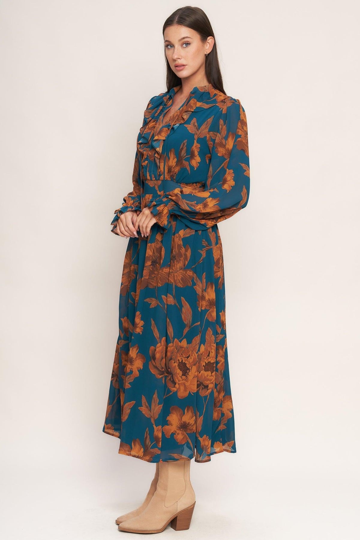 BURNISHED BOTANICA WOVEN MIDI DRESS