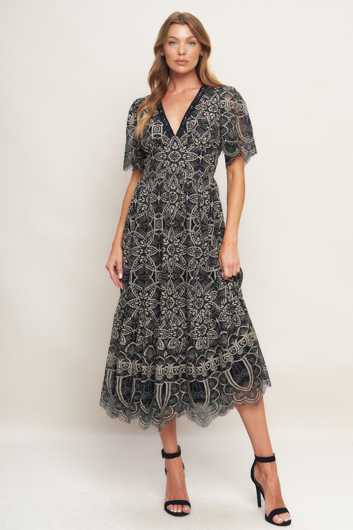 GOTHIC BLOOM WOVEN LACE MIDI DRESS