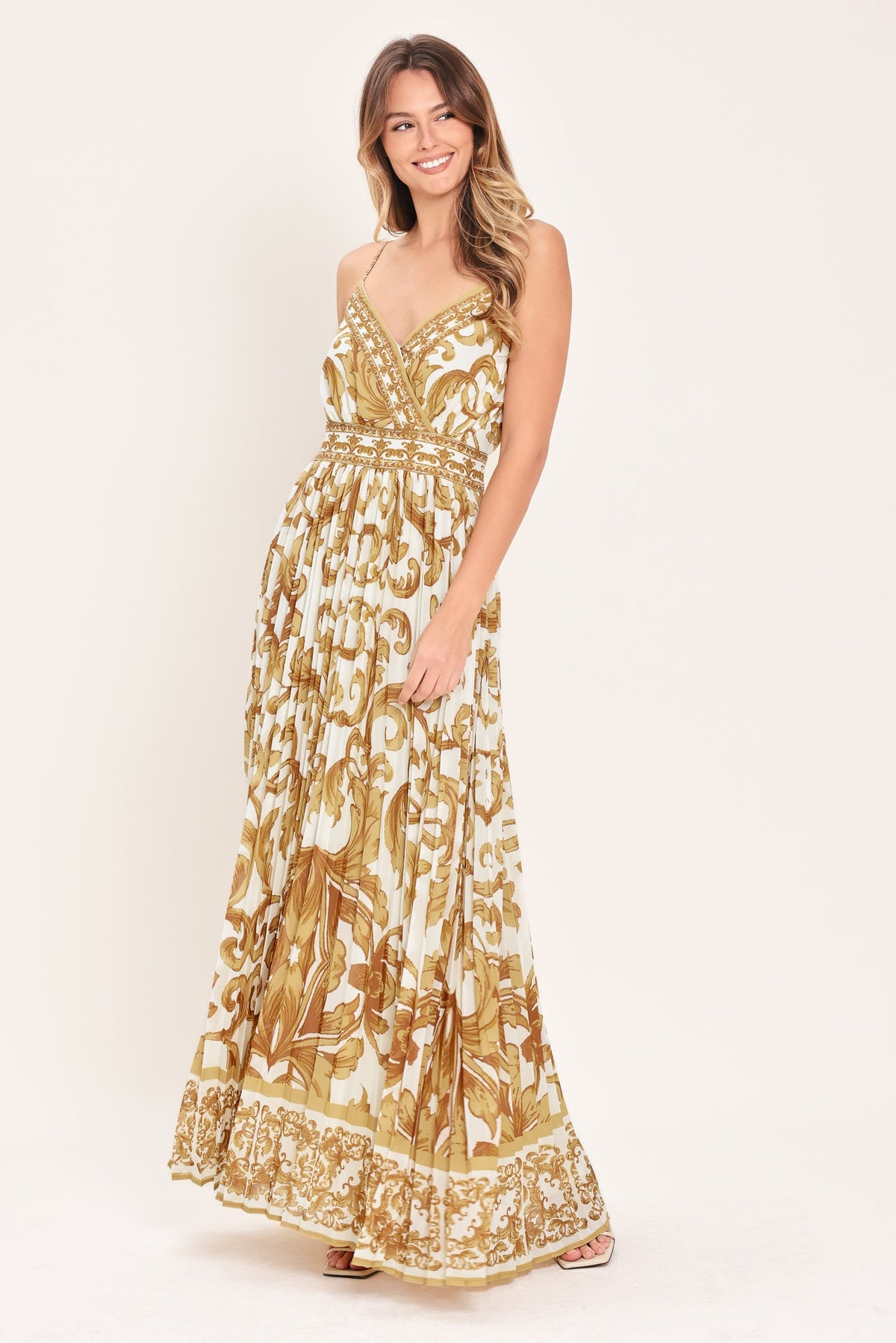 a woman in a long dress