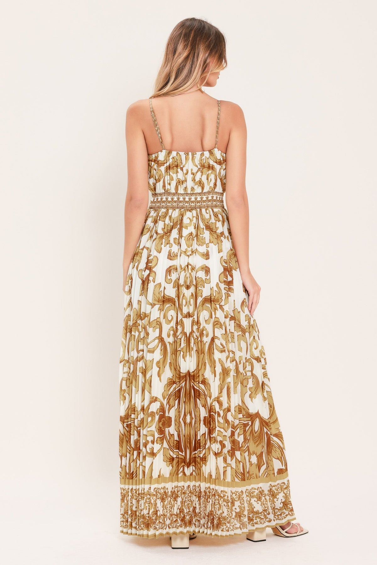 a woman in a long dress