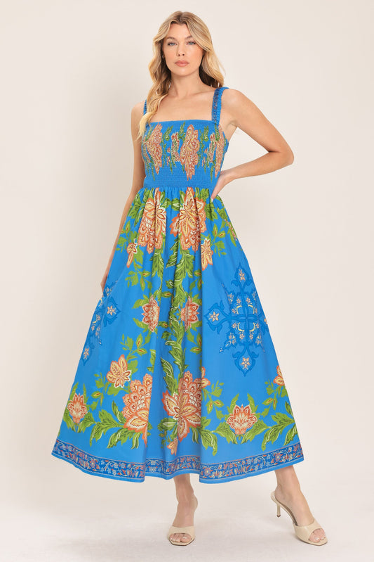 a woman in a blue dress