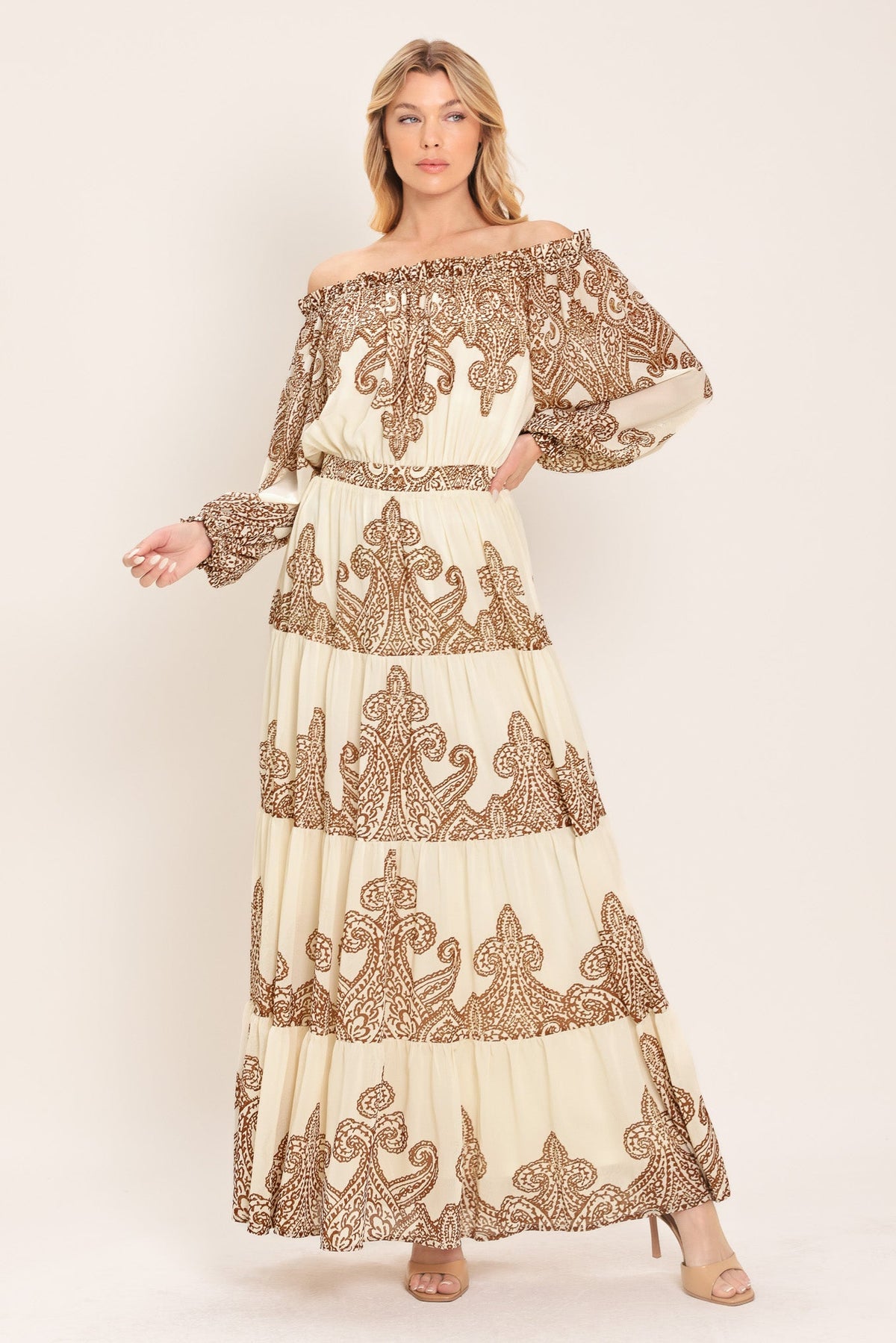 a woman in a long dress