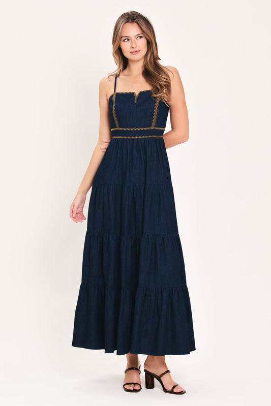 a woman in a blue dress
