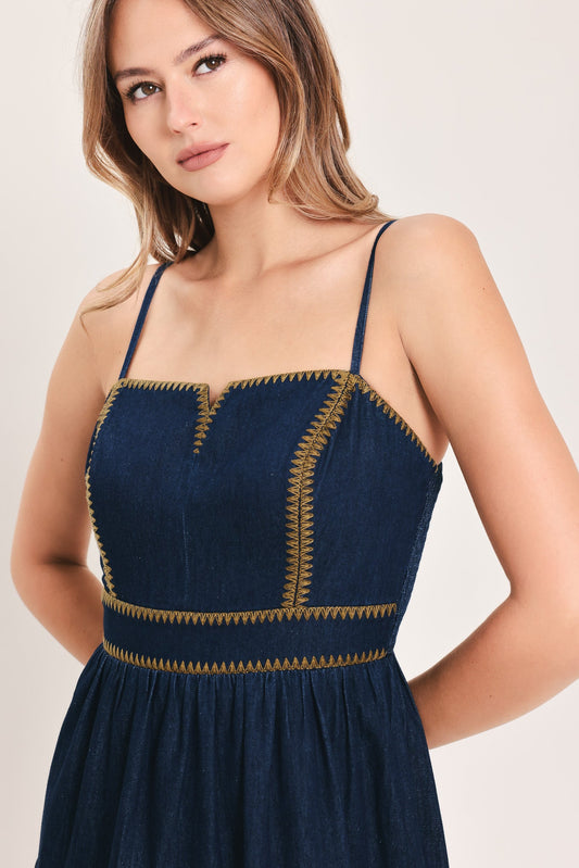 a woman in a blue dress