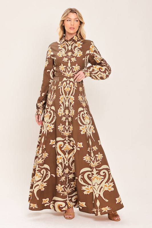 a woman in a long brown dress
