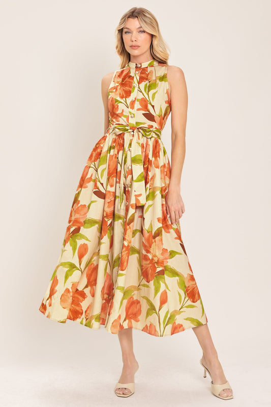a woman in a floral dress