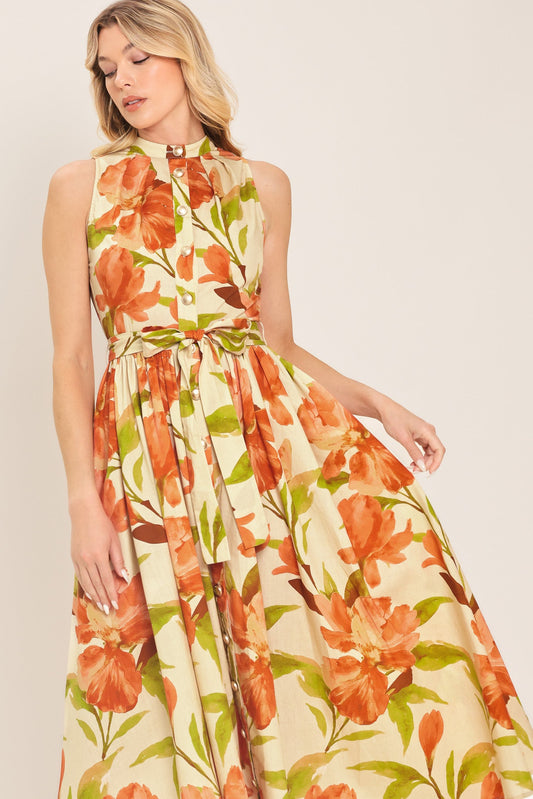 a woman in a floral dress