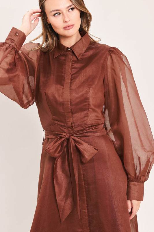 a woman wearing a brown dress