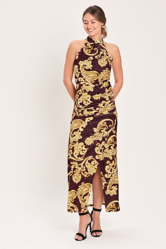 SCARLET SPELL DARK SCARLET PRINTED CRUSHED VELVET HALTER MAXI DRESS