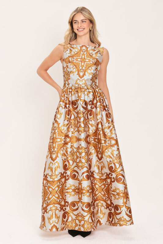RUSTIC BLOOM RUST PRINTED FULL-SKIRT MAXI DRESS