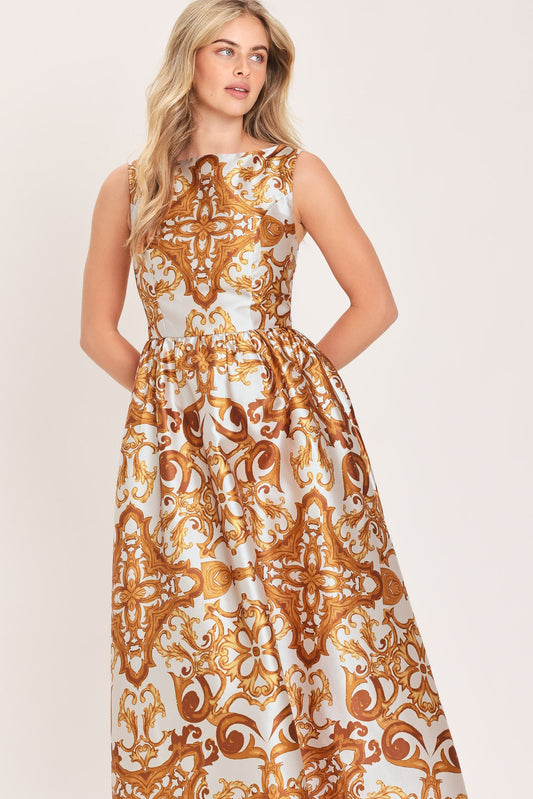 RUSTIC BLOOM RUST PRINTED FULL-SKIRT MAXI DRESS