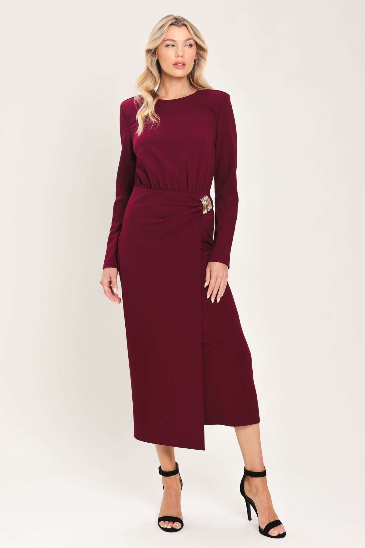 BORDEAUX SCULPT BURGUNDY GATHERED HARDWARE MIDI DRESS