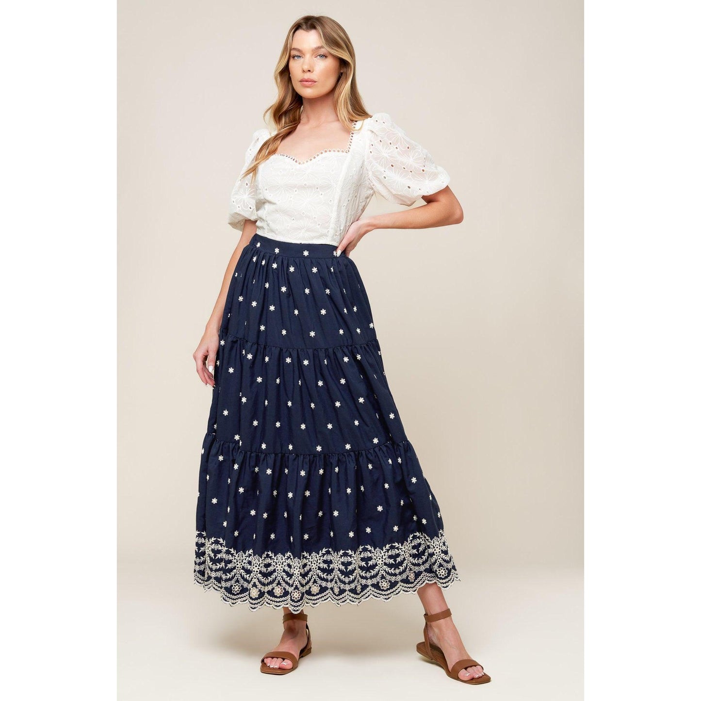 BEBE ALERT NAVY WOVEN MIDI SKIRT