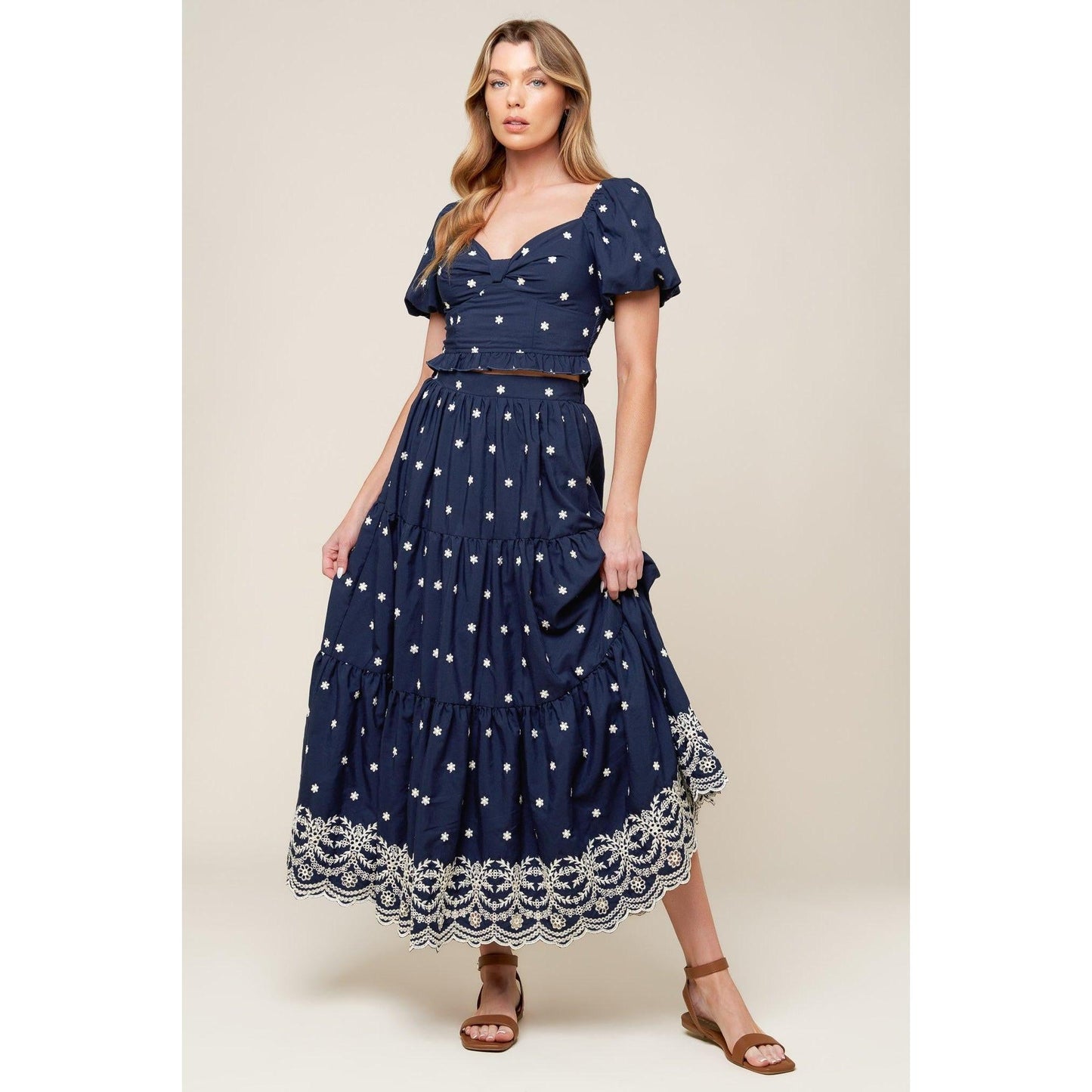 BEBE ALERT NAVY WOVEN MIDI SKIRT