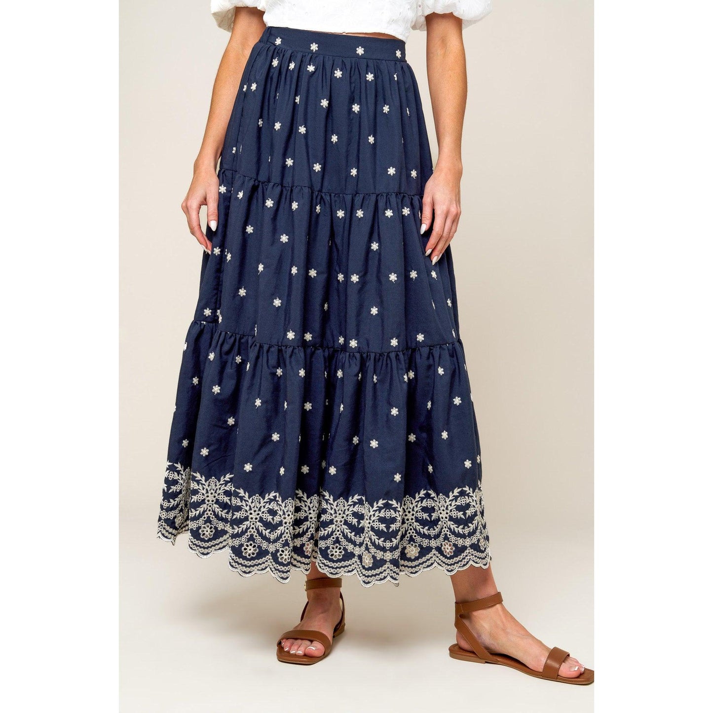 BEBE ALERT NAVY WOVEN MIDI SKIRT